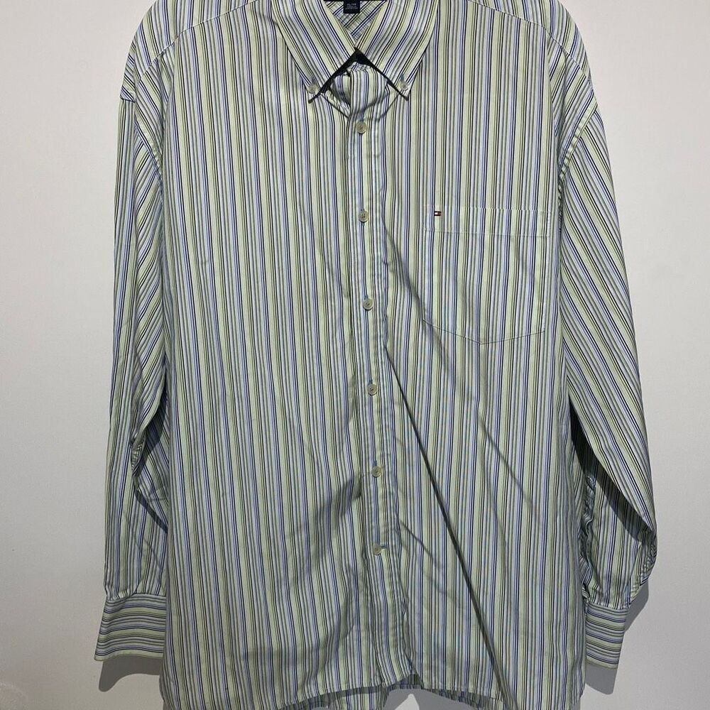 Tommy Hilfiger Mens XL Striped‎ Button Down Shirt Blue Green 80s 2-Ply Cotton